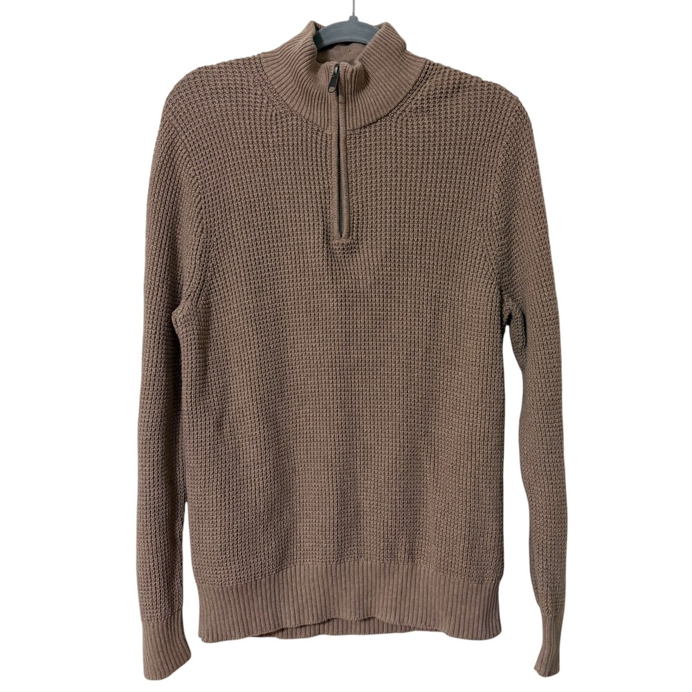 J.Crew Mens M Sweater Brown Quarter Zip Waffle Knit 100% Cotton Preppy Old Money